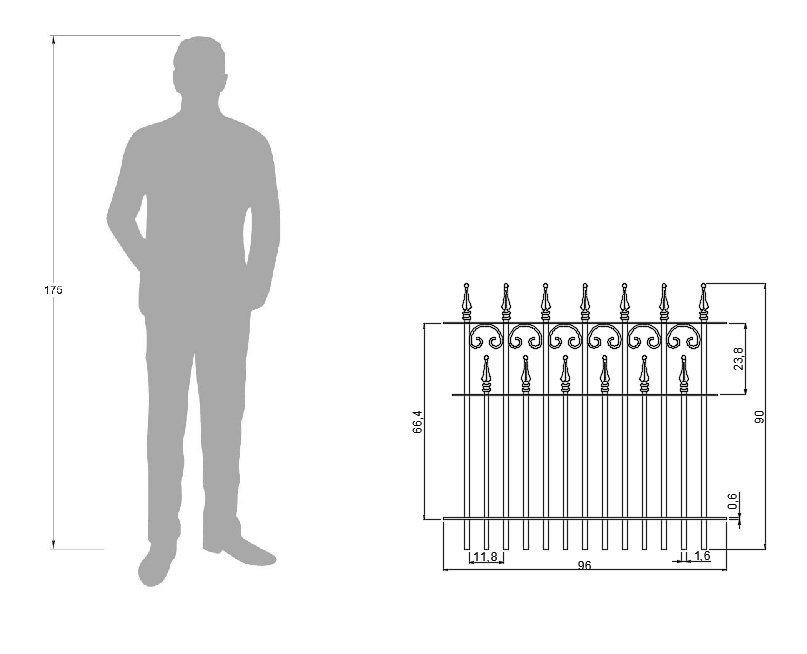 Technische Zeichnung Zaun Lugano 96cm
