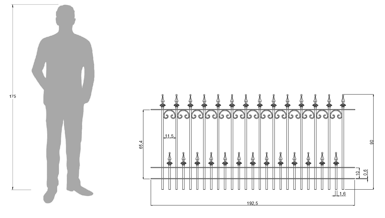 Technische Zeichnung Zaun Lucca 192,5cm