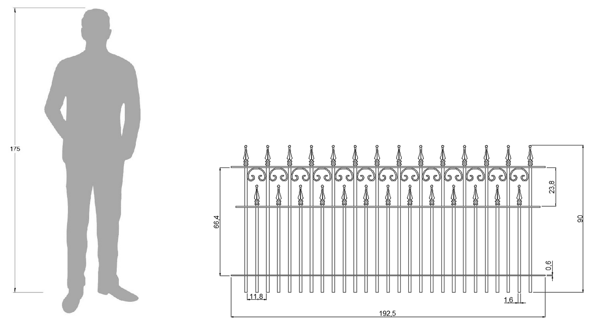 Technische Zeichnung Zaun Lugano 192,5cm