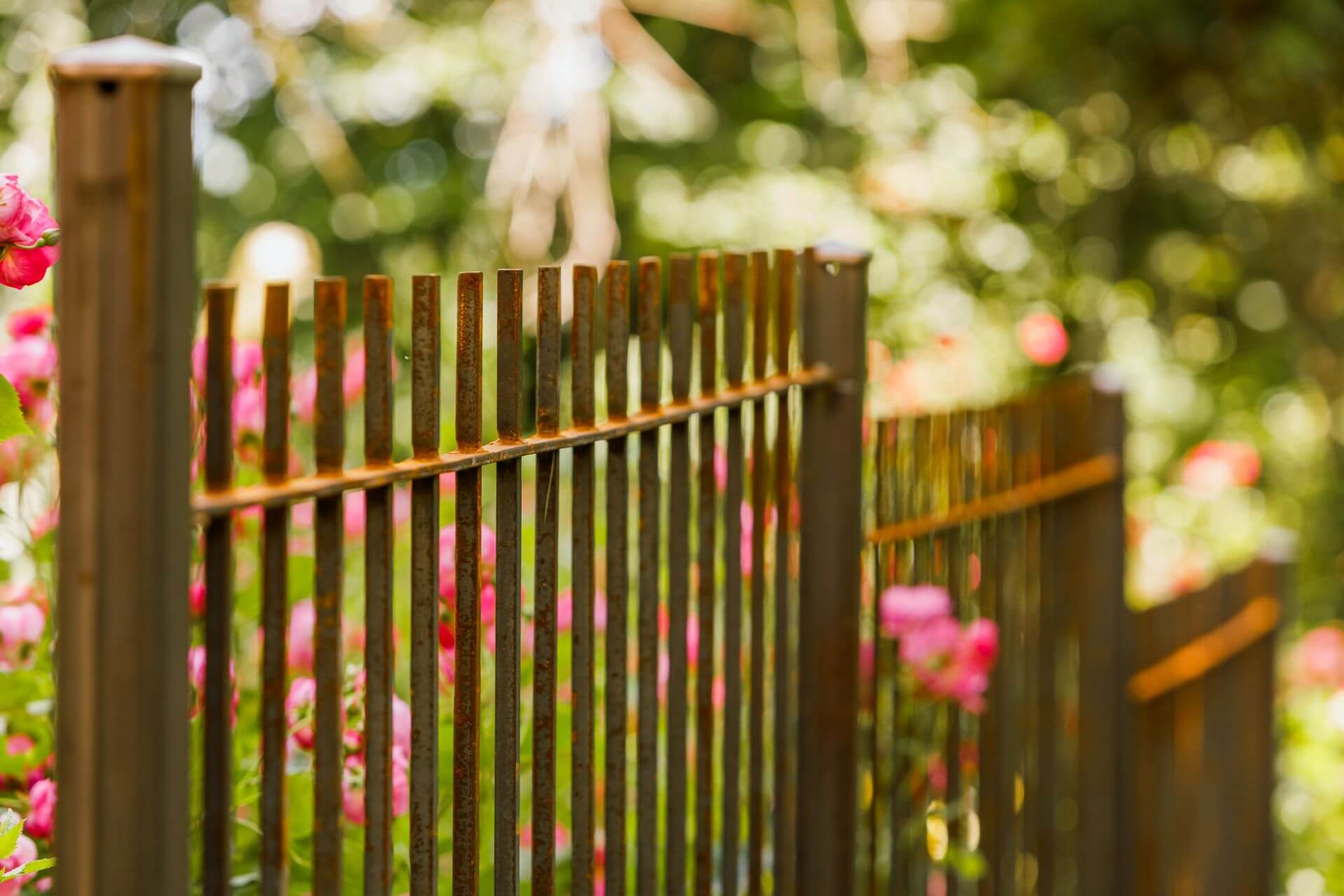 Zaun Padua höhenversetzt montiert in einem Garten mit bunten Blüten | Unbeschichtet