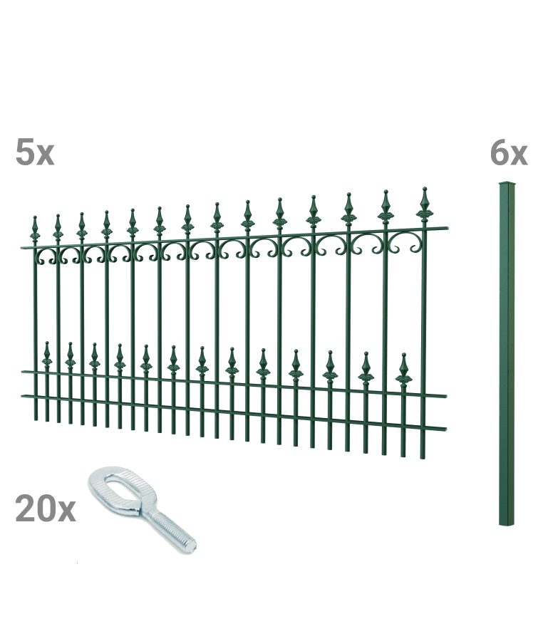 Zaunset Lucca zum Einbetonieren mit Zubehör 3D Modell | Pulverbeschichtet RAL 6005 Moosgrün