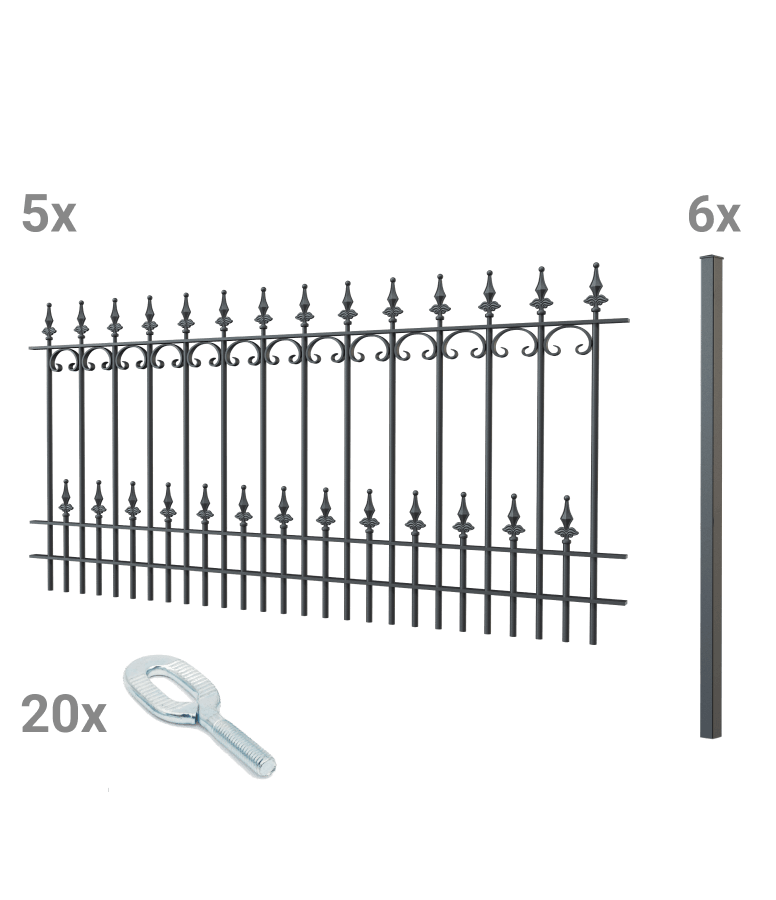Zaunset Lucca zum Einbetonieren mit Zubehör 3D Modell | Pulverbeschichtet RAL 7016 Anthrazitgrau